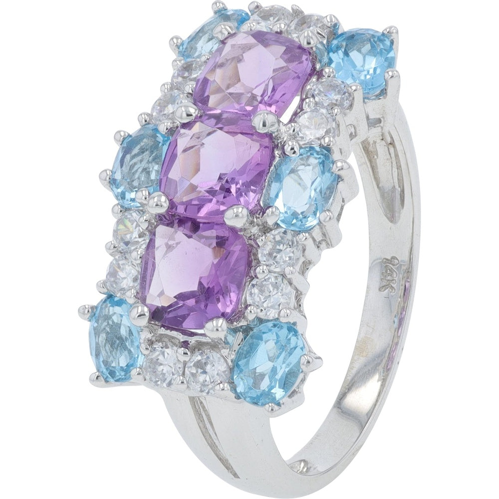 14K White Gold Cushion-Cut Amethyst Cocktail Ring with Blue and White Topaz Accents