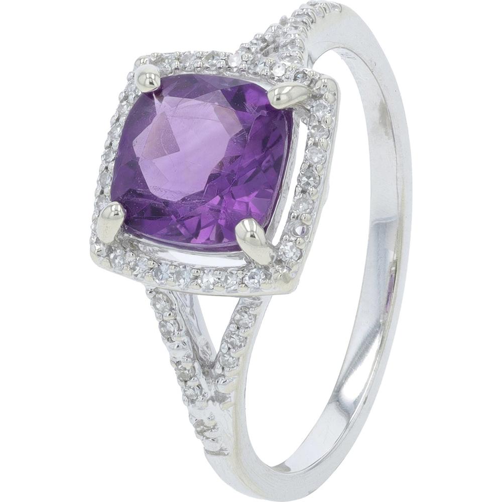 14K White Gold Cushion Cut Amethyst Ring with 0.13 Carat Total Diamond Halo