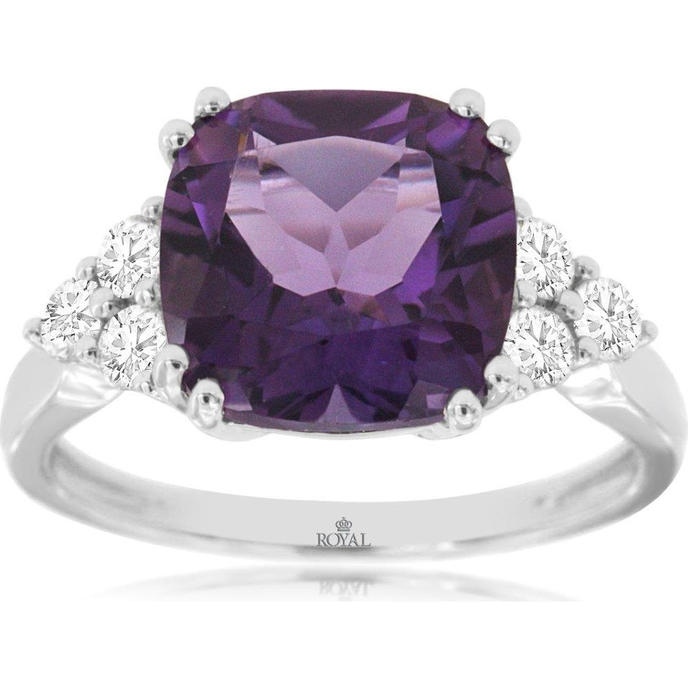 14K White Gold Cushion-Cut Amethyst Ring with Accent Diamond Clusters - 3.80 Carat Amethyst and 0.45 Carat Total Diamond Weight - Royal Jewelry