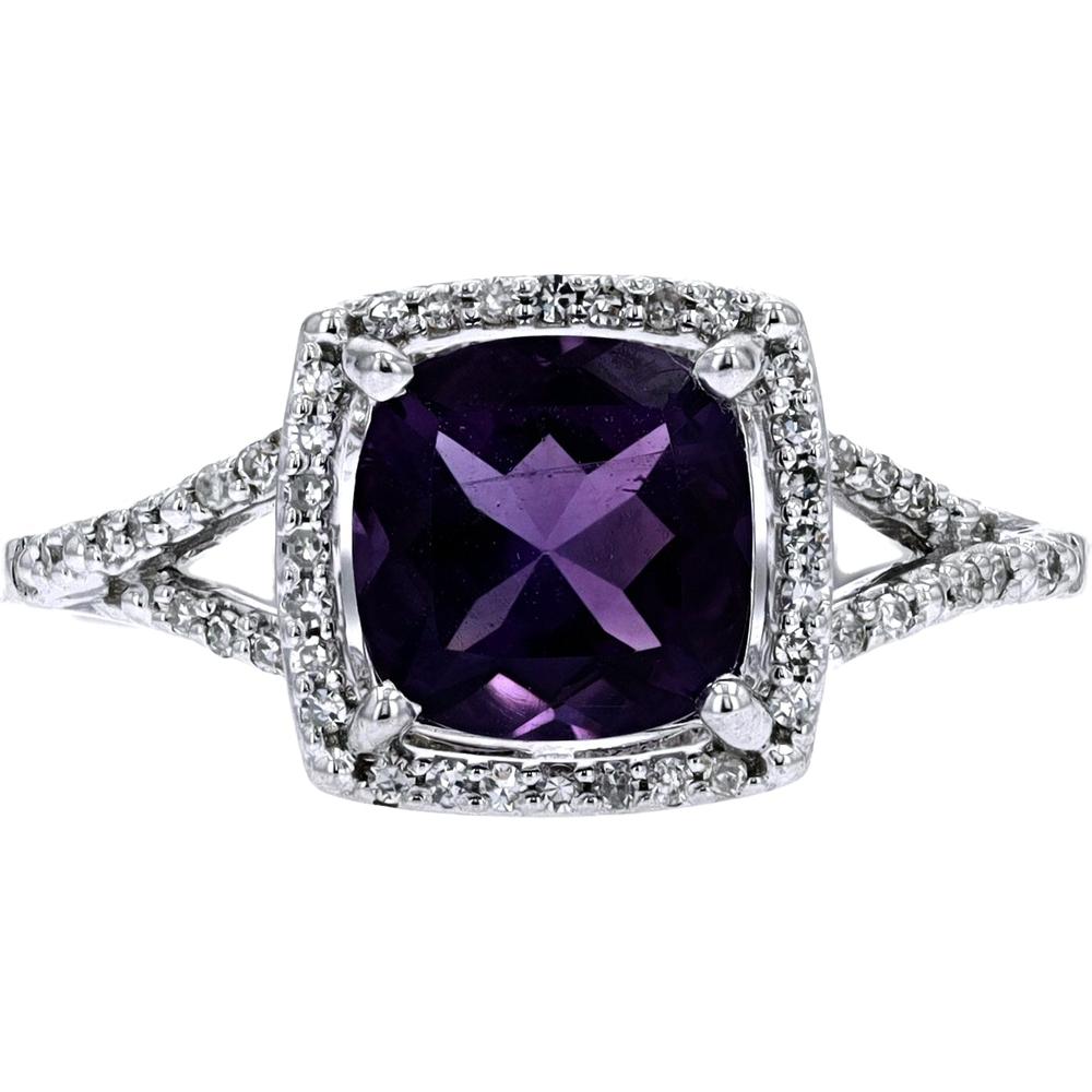 14K White Gold Cushion-Cut Amethyst Ring with Diamond Halo and Split Shank - 0.13 Carats Total Diamond Weight