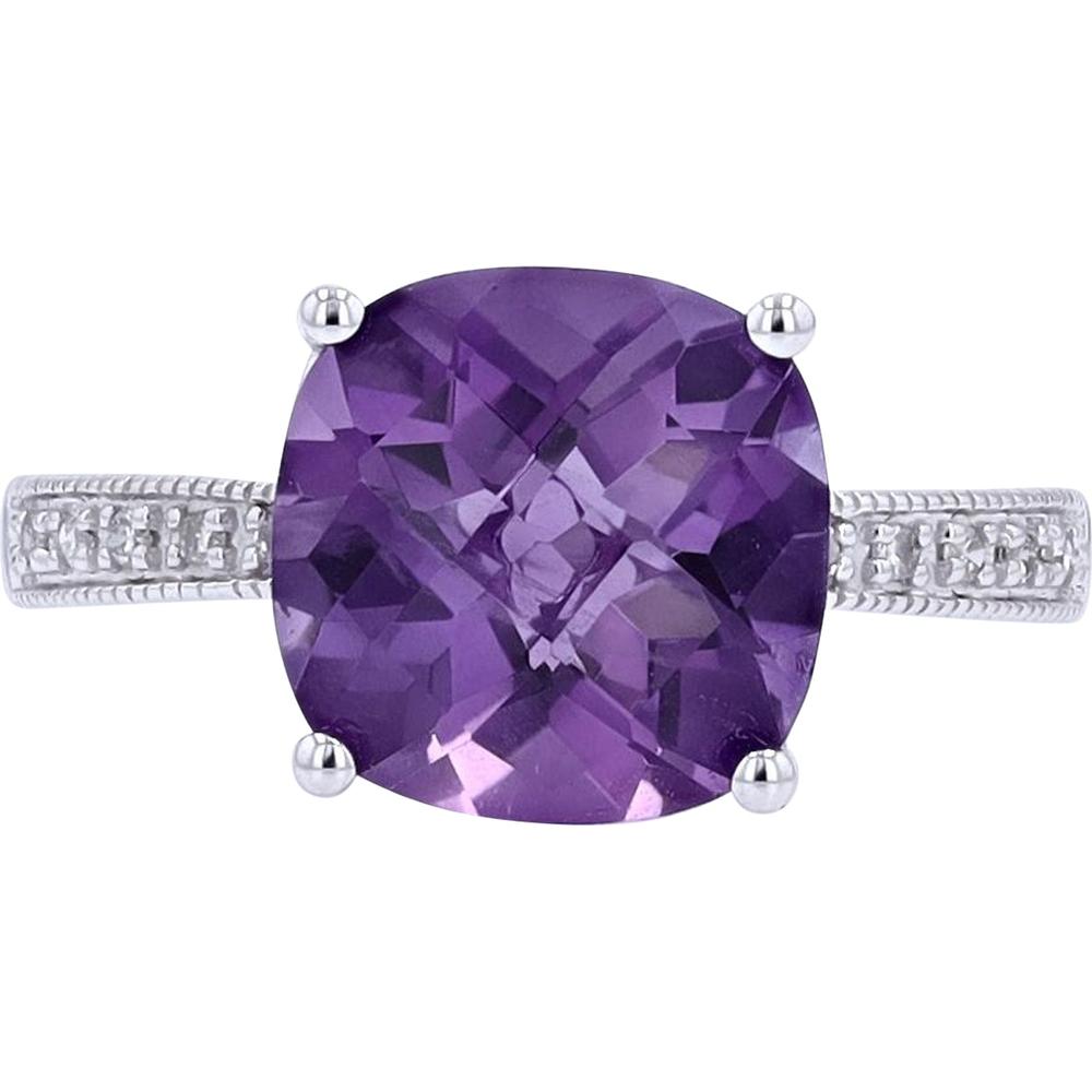 14K White Gold Cushion-Cut Amethyst Solitaire Ring with Diamond Accent Band - 0.06 Carats Total Diamond Weight