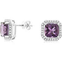 14K White Gold Cushion-Cut Amethyst Stud Earrings with Diamond Halo - 2.50 Carat Total Amethyst Weight and 0.29 Carat Total Diamond Weight - Royal Jewelry