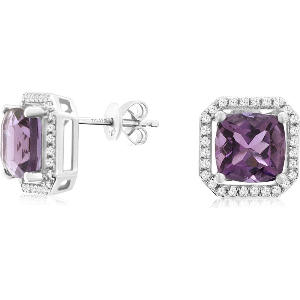 14K White Gold Cushion-Cut Amethyst Stud Earrings with Diamond Halo - 2.50 Carat Total Amethyst Weight and 0.29 Carat Total Diamond Weight - Royal Jewelry
