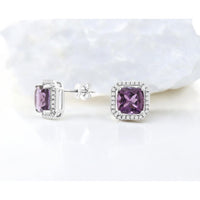 14K White Gold Cushion-Cut Amethyst Stud Earrings with Diamond Halo - 2.50 Carat Total Amethyst Weight and 0.29 Carat Total Diamond Weight - Royal Jewelry