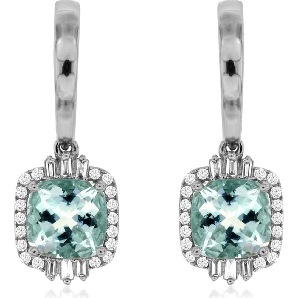 14K White Gold Cushion Cut Aquamarine and Diamond Drop Earrings with Baguette Accents - 2.70 Carat Total Aquamarine Weight, 0.29 Carat Total Diamond Weight - Royal Jewelry