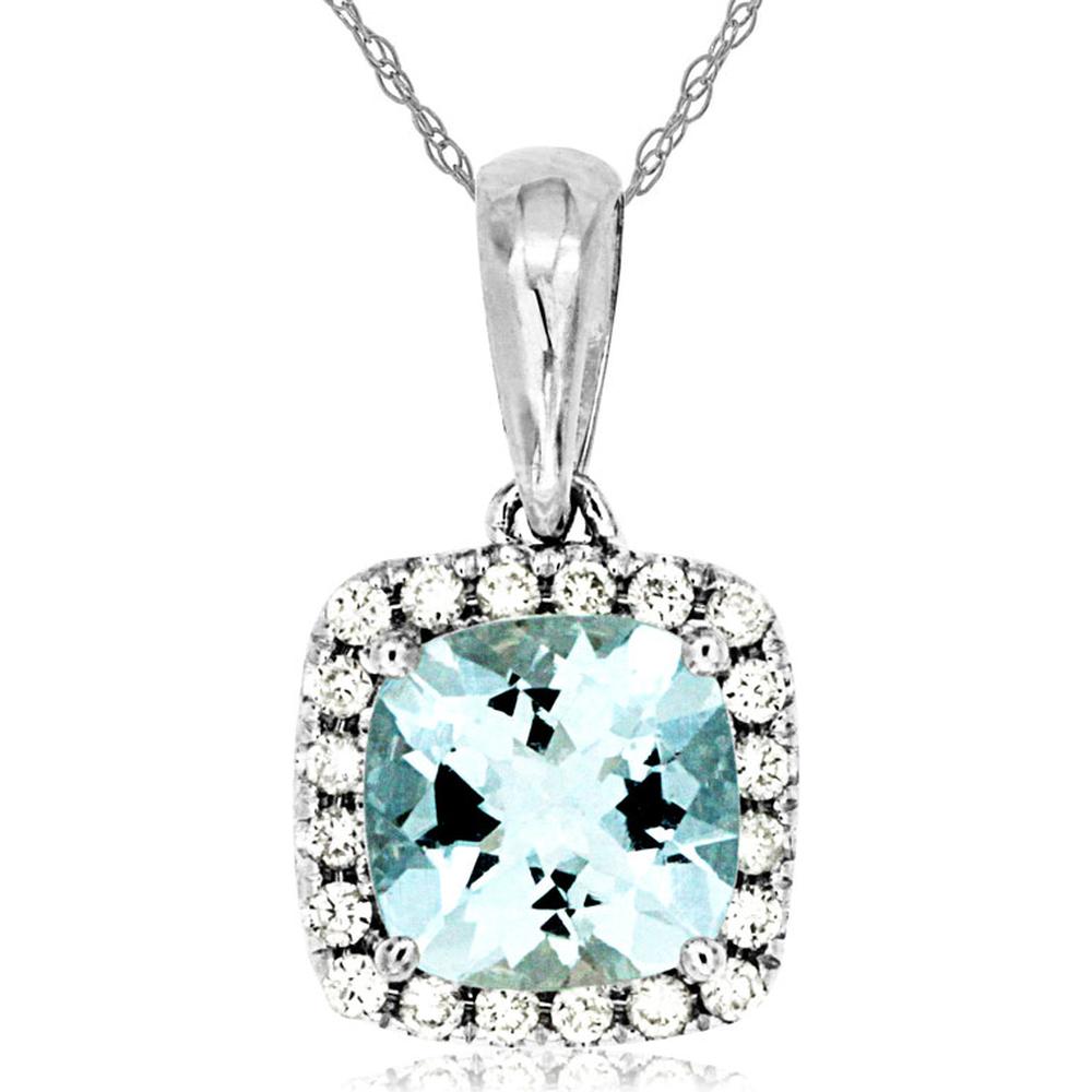 14K White Gold Cushion Cut Aquamarine and Diamond Halo Pendant - 0.85 Carat Aquamarine and 0.11 Carat Total Diamond Weight - Royal Jewelry