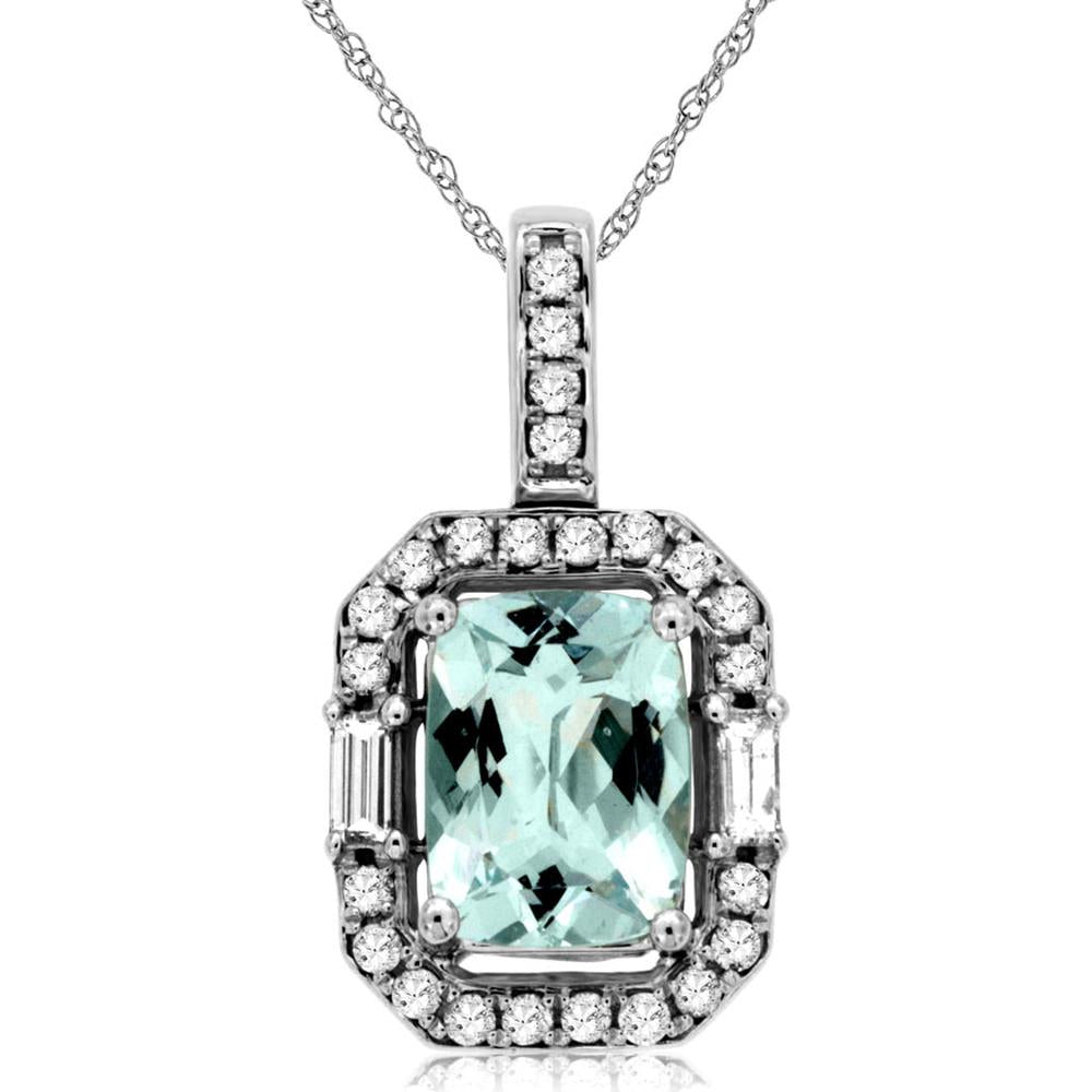 14K White Gold Cushion Cut Aquamarine and Diamond Halo Pendant with Baguette Side Accents - 1.50 Carat Aquamarine, 0.27 Carat Total Diamond Weight - Royal Jewelry