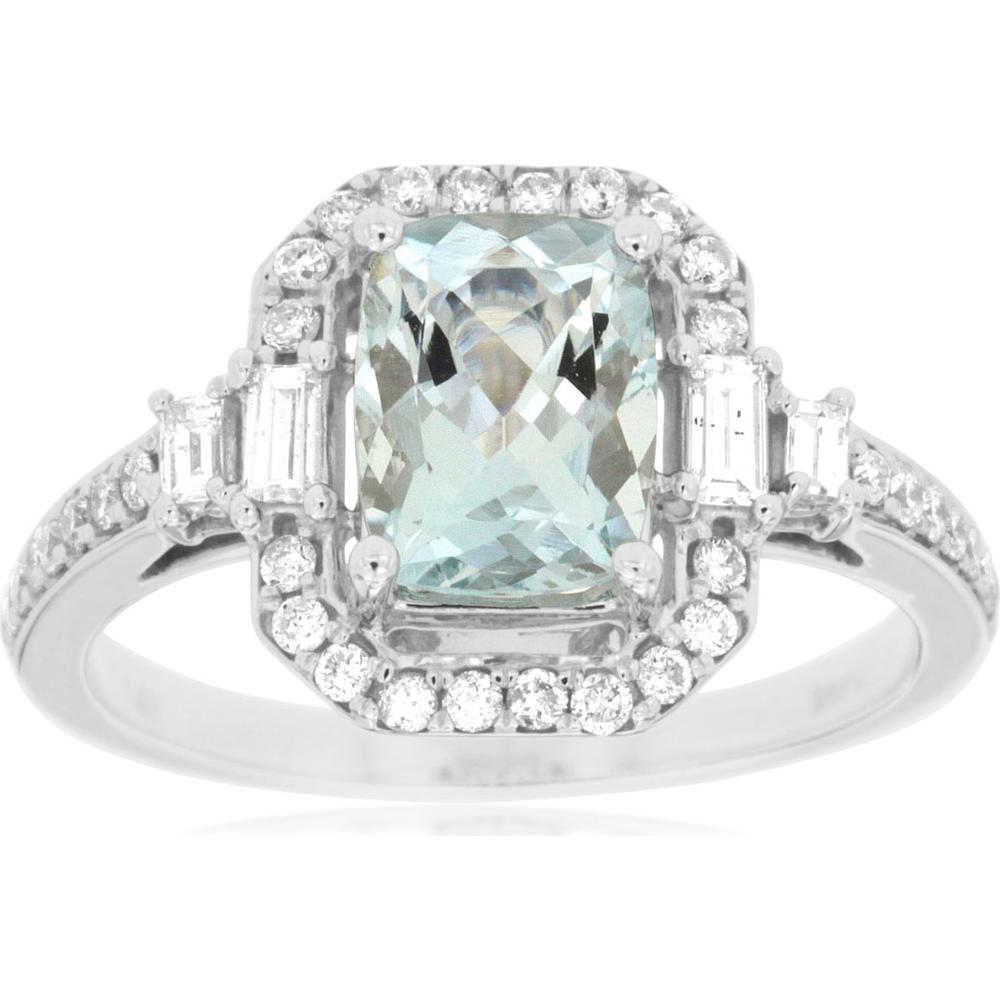 14K White Gold Cushion Cut Aquamarine and Diamond Halo Ring - 2.00 Carat Aquamarine and 0.40 Carat Total Diamond Weight - Royal Jewelry