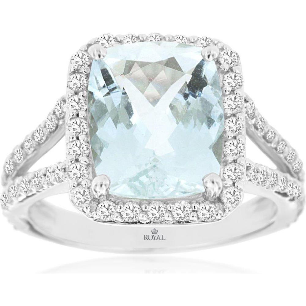 14K White Gold Cushion Cut Aquamarine and Diamond Halo Ring - 3.65 Carat Aquamarine, 1.00 Carat Total Diamond Weight - Royal Jewelry