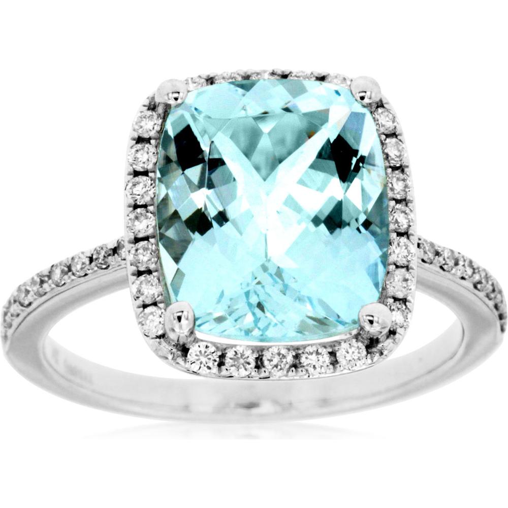 14K White Gold Cushion Cut Aquamarine and Diamond Halo Ring - 4.00 Carats Total Gem Weight