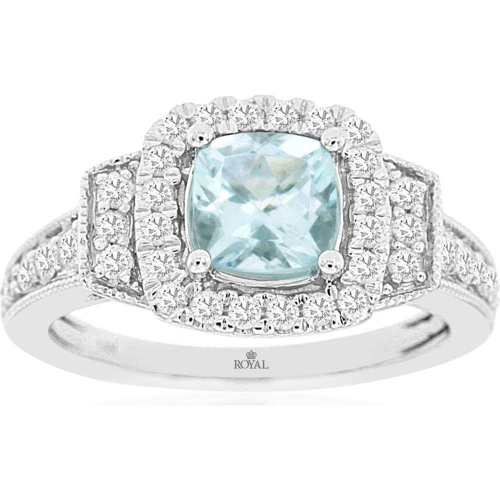 14K White Gold Cushion Cut Aquamarine and Diamond Halo Ring with Milgrain Detail - 0.85 Carat Aquamarine, 0.50 Carat Total Diamond Weight - Royal Jewelry