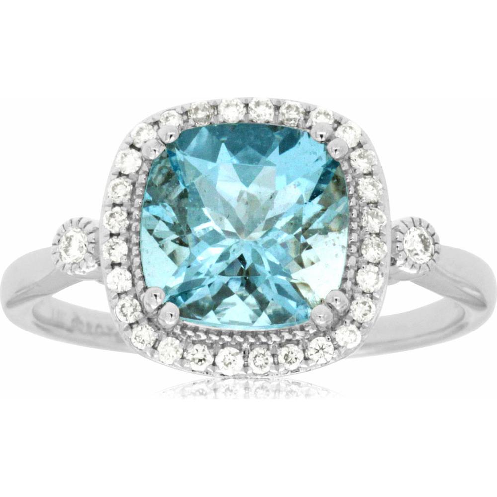 14K White Gold Cushion Cut Aquamarine & Diamond Halo Ring with Milgrain Detail - 1.90 Carat Aquamarine, 0.18 Carat Total Diamond Weight - Royal Jewelry