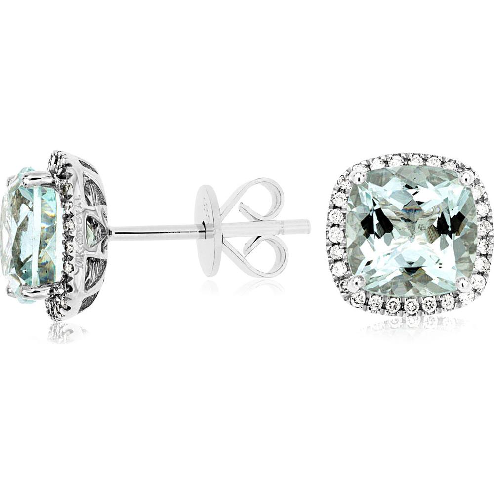 14K White Gold Cushion Cut Aquamarine and Diamond Halo Stud Earrings - 3.80 Carat Aquamarine Total Weight, 0.21 Carat Diamond Total Weight - Royal Jewelry
