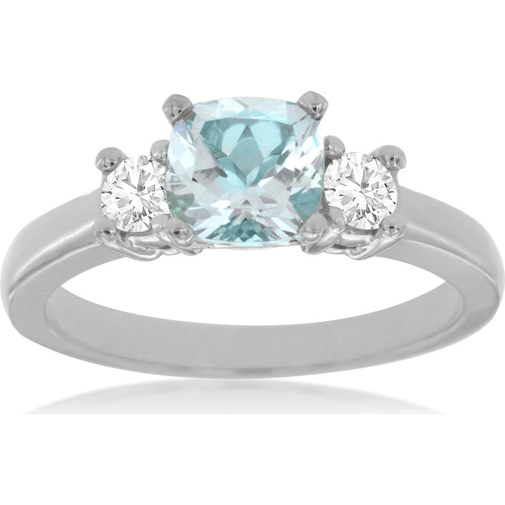 14K White Gold Cushion Cut Aquamarine and Diamond Three-Stone Ring – 0.84 Carat Aquamarine, 0.30 Carat Total Diamond Weight - Royal Jewelry