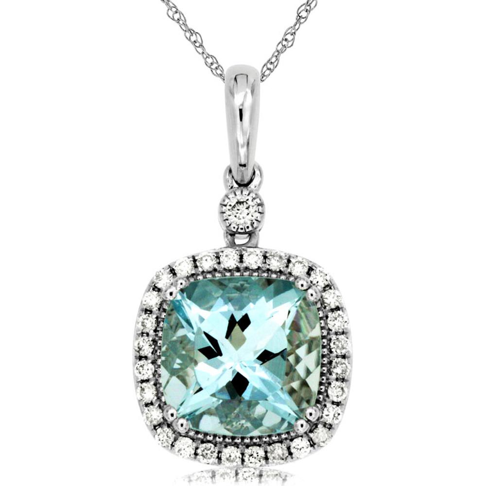 14K White Gold Cushion Cut Aquamarine Halo Pendant with Round Diamonds - 1.90 Carat Aquamarine and 0.18 Carat Total Diamond Weight - Royal Jewelry