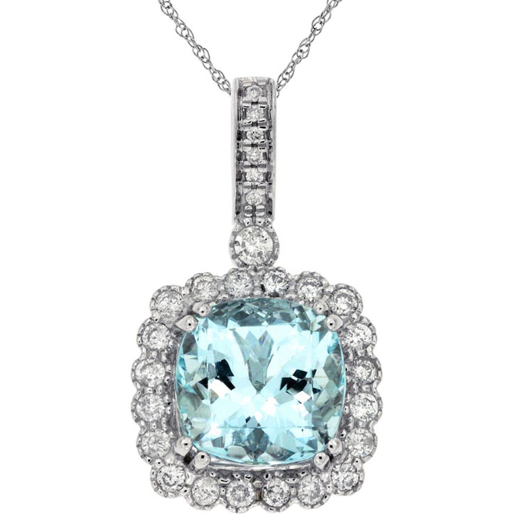 14K White Gold Cushion-Cut Aquamarine Halo Pendant with Round Diamonds - 2.75 Carat Aquamarine & 0.37 Carat Total Diamond Weight - Royal Jewelry