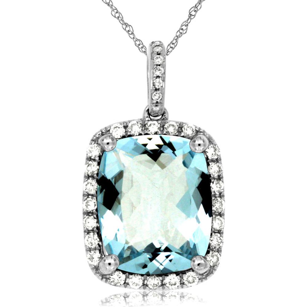 14K White Gold Cushion Cut Aquamarine Halo Pendant with Round Diamonds - 3.70 Carat Aquamarine & 0.22 Carat Total Diamond Weight - Royal Jewelry