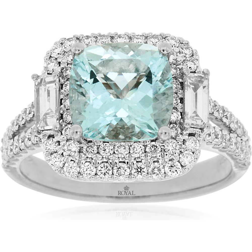 14K White Gold Cushion Cut Aquamarine Ring with Double Diamond Halo and Baguette Side Stones - 1.89 Carat Aquamarine, 0.85 Carat Total Diamond Weight - Royal Jewelry