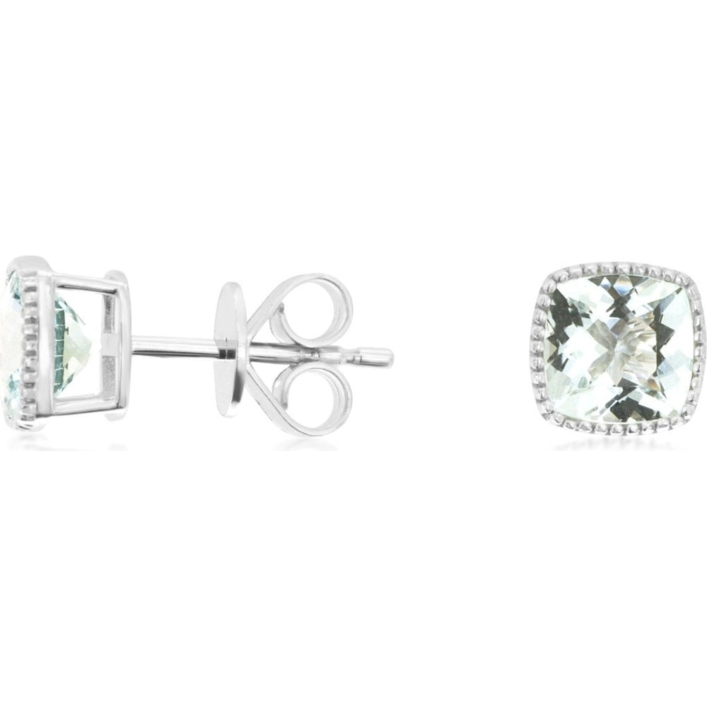 14K White Gold Cushion-Cut Aquamarine Stud Earrings with Milgrain Detail - 2.25 Carat Total Aquamarine Weight - Royal Jewelry