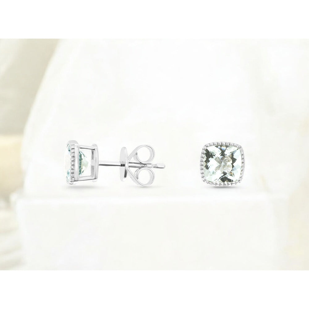 14K White Gold Cushion-Cut Aquamarine Stud Earrings with Milgrain Detail - 2.25 Carat Total Aquamarine Weight - Royal Jewelry