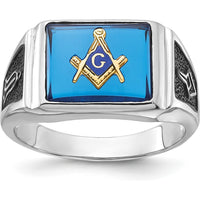 14K White Gold Cushion-Cut Blue Spinel and Black Enamel Masonic Ring with Rhodium Finish by IBGoodman
