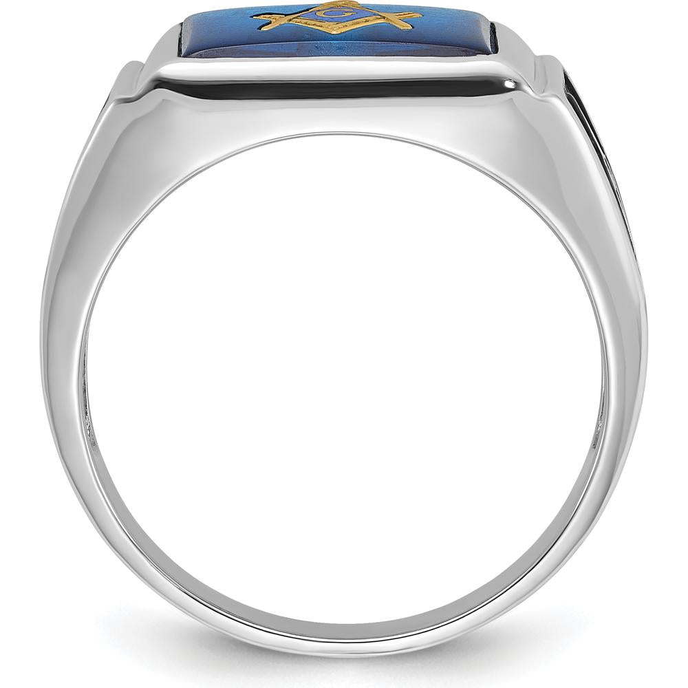 14K White Gold Cushion-Cut Blue Spinel and Black Enamel Masonic Ring with Rhodium Finish by IBGoodman