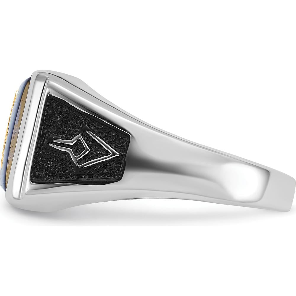 14K White Gold Cushion-Cut Blue Spinel and Black Enamel Masonic Ring with Rhodium Finish by IBGoodman