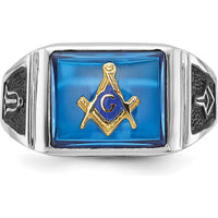 14K White Gold Cushion-Cut Blue Spinel and Black Enamel Masonic Ring with Rhodium Finish by IBGoodman
