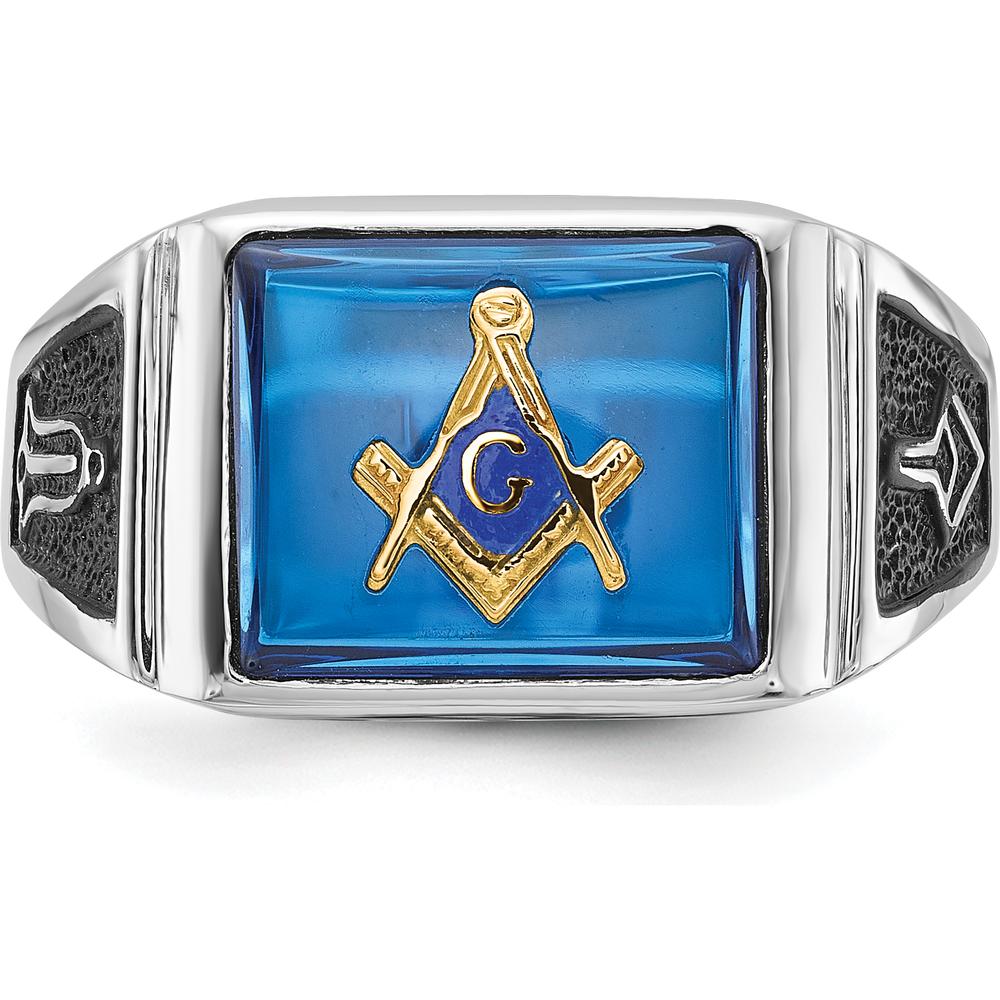 14K White Gold Cushion-Cut Blue Spinel and Black Enamel Masonic Ring with Rhodium Finish by IBGoodman