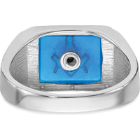 14K White Gold Cushion-Cut Blue Spinel and Black Enamel Masonic Ring with Rhodium Finish by IBGoodman