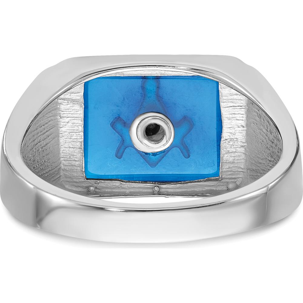 14K White Gold Cushion-Cut Blue Spinel and Black Enamel Masonic Ring with Rhodium Finish by IBGoodman