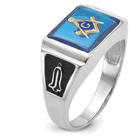 14K White Gold Cushion-Cut Blue Spinel and Black Enamel Masonic Ring with Rhodium Finish by IBGoodman