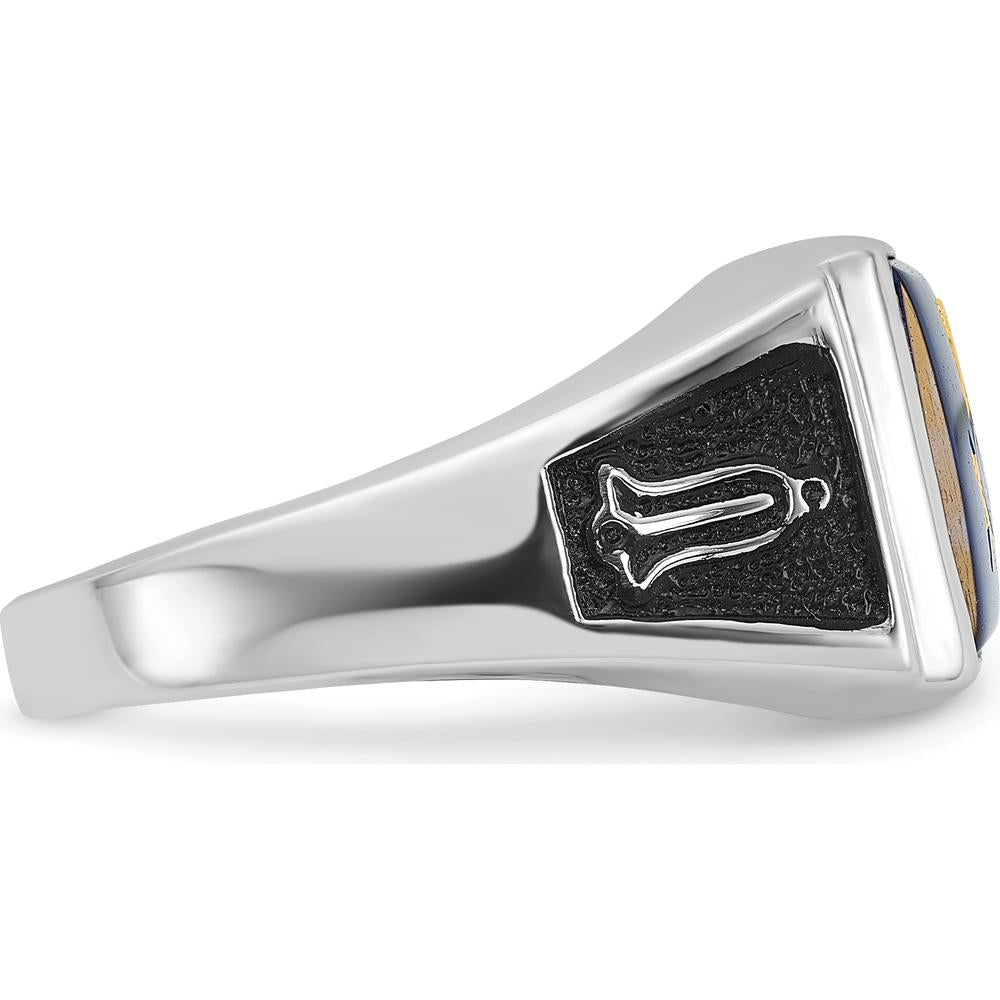 14K White Gold Cushion-Cut Blue Spinel and Black Enamel Masonic Ring with Rhodium Finish by IBGoodman