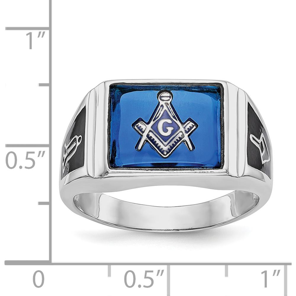 14K White Gold Cushion-Cut Blue Spinel and Black Enamel Masonic Ring with Rhodium Finish by IBGoodman