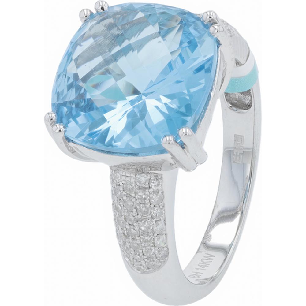 14K White Gold Cushion Cut Blue Topaz and Diamond Accent Ring - 8.17 Carat Blue Topaz, 0.31 Carat Diamond Total Weight