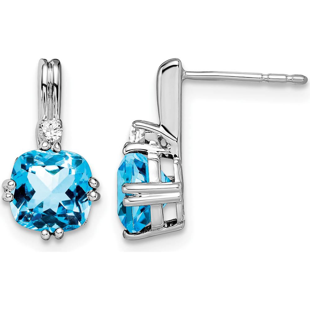 14K White Gold Cushion Cut Blue Topaz and Diamond Drop Earrings - 1.25 Carat Total Topaz Weight, 0.022 Carat Total Diamond Weight by Monteluci Fine Jewelry