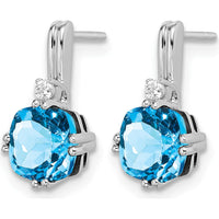 14K White Gold Cushion Cut Blue Topaz and Diamond Drop Earrings - 1.25 Carat Total Topaz Weight, 0.022 Carat Total Diamond Weight by Monteluci Fine Jewelry