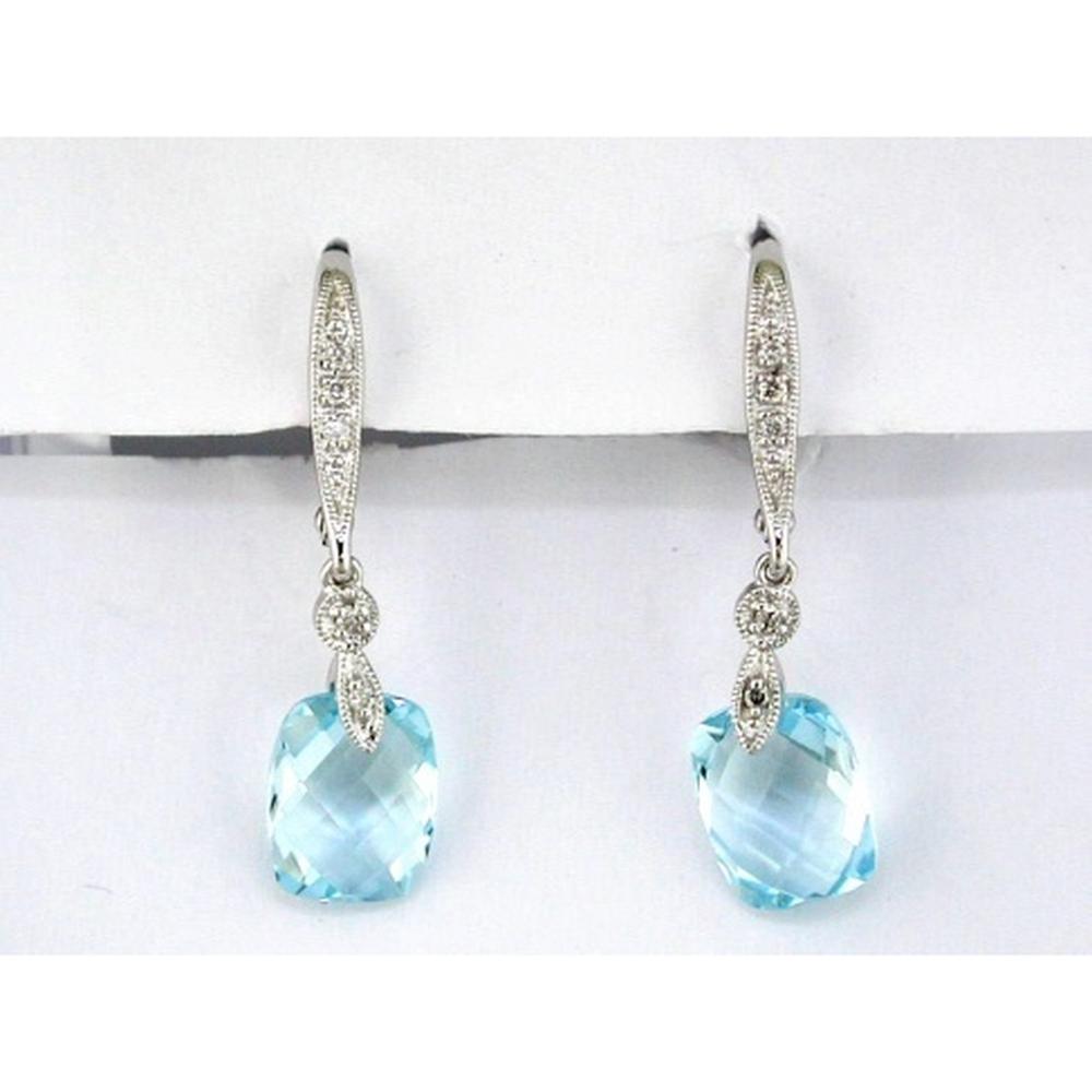 14K White Gold Cushion Cut Blue Topaz and Diamond Drop Earrings - 5.20 Carat Total Blue Topaz, 0.07 Carat Total Diamonds - Royal Jewelry