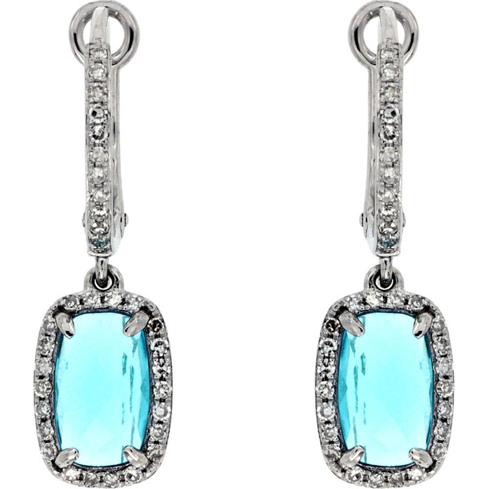 14K White Gold Cushion Cut Blue Topaz and Diamond Halo Drop Earrings with Lever Back - 2.50 Carat Total Blue Topaz Weight, 0.26 Carat Total Diamond Weight - Royal Jewelry