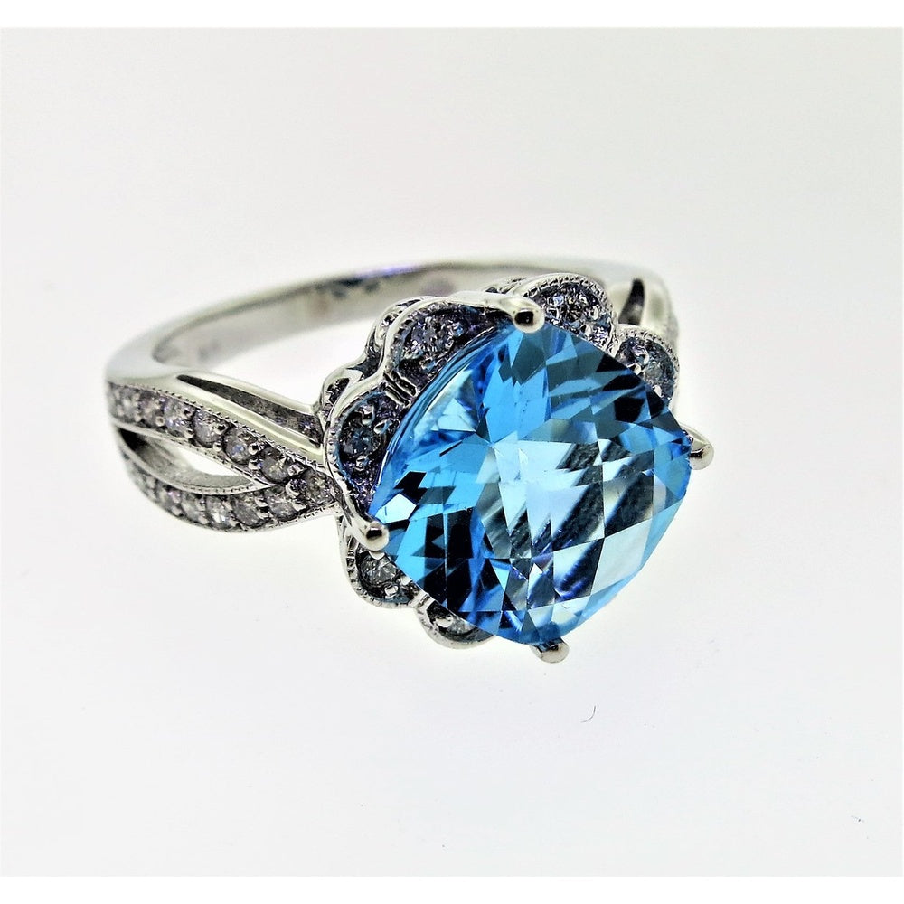 14K White Gold Cushion-Cut Blue Topaz and Diamond Halo Fashion Ring with Split Shank - 3.30 Carat Blue Topaz and 0.50 Carat Total Diamond Weight by Auriventus