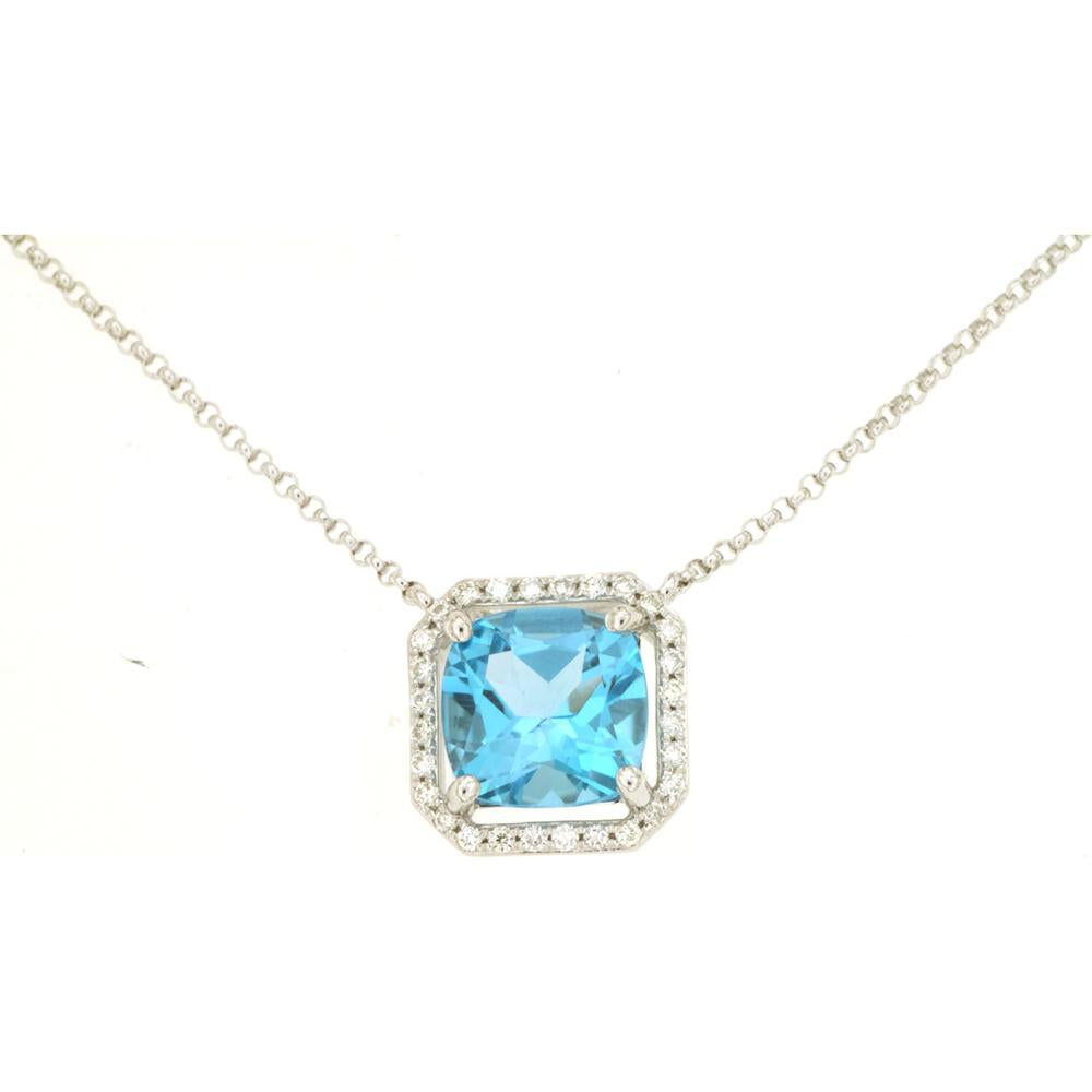 14K White Gold Cushion Cut Blue Topaz and Diamond Halo Pendant Necklace - 2.75 Carat Blue Topaz, 0.14 Carat Total Diamond Weight - Royal Jewelry