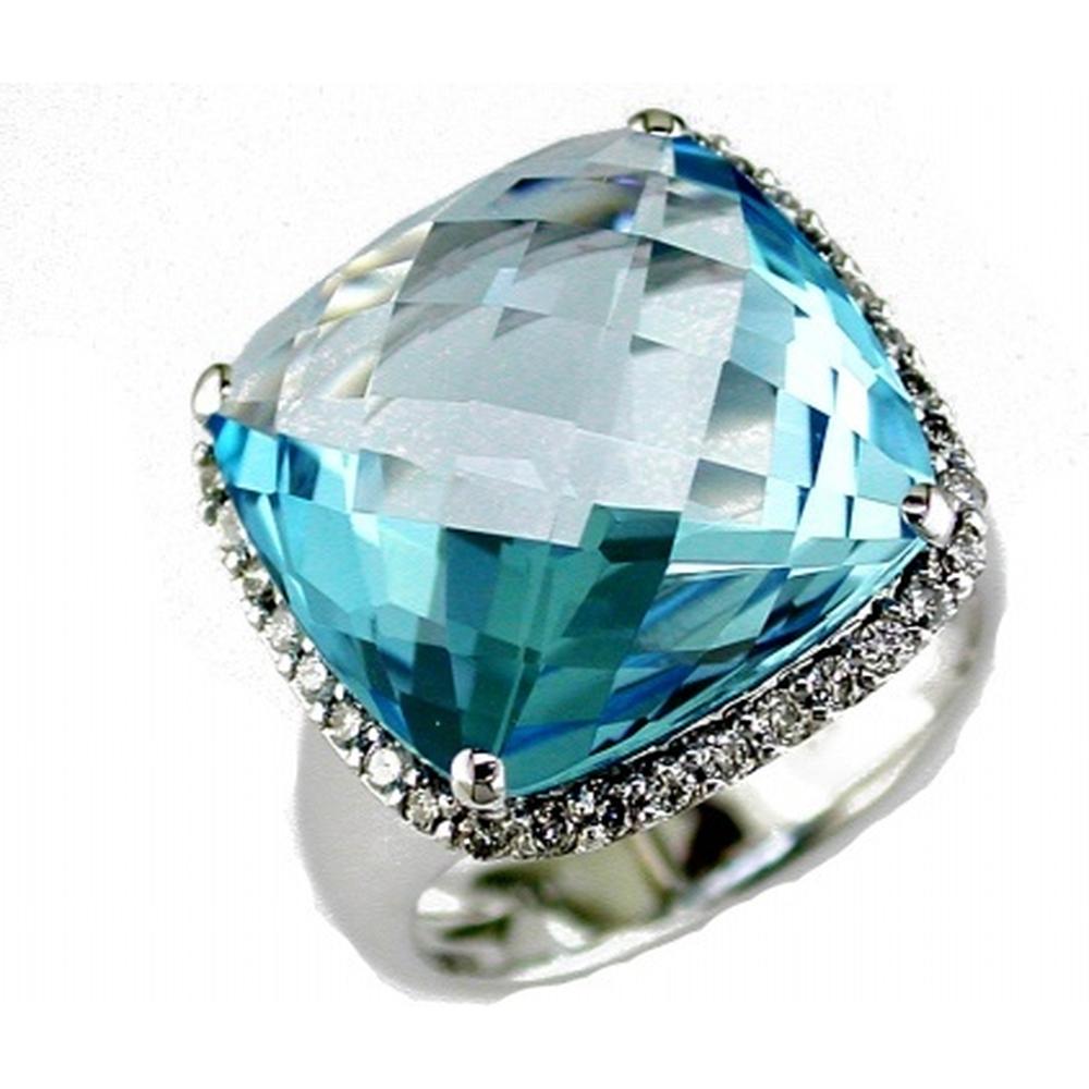 14K White Gold Cushion Cut Blue Topaz and Diamond Halo Ring - 17.80 Carat Blue Topaz, 0.42 Carat Total Diamond Weight - Royal Jewelry