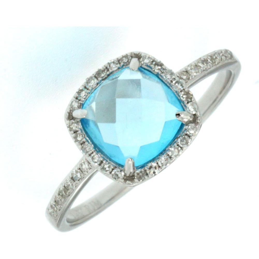 14K White Gold Cushion Cut Blue Topaz and Diamond Halo Ring with Diamond Accented Band - 1.85 Carat Blue Topaz and 0.15 Carat Total Diamond Weight - Royal Jewelry