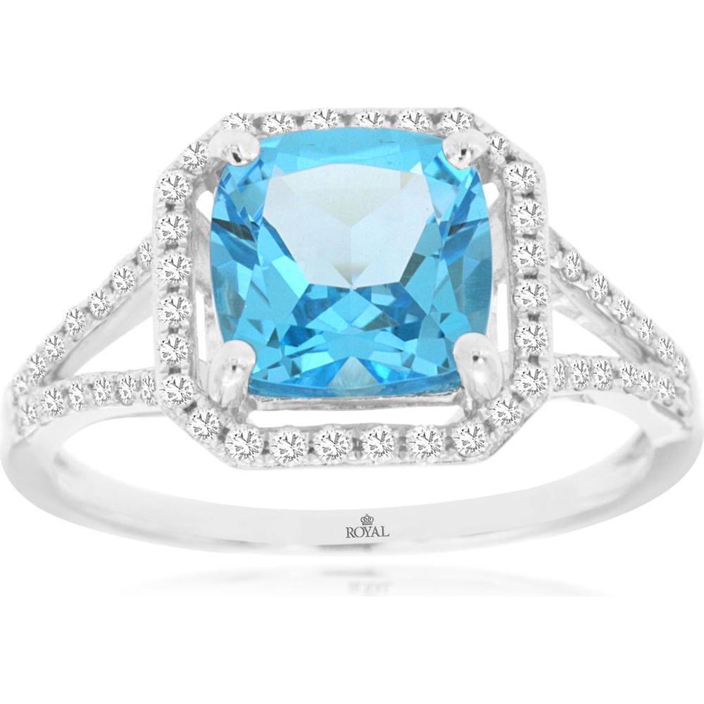 14K White Gold Cushion Cut Blue Topaz and Diamond Halo Split Shank Ring - 2.35 Carat Blue Topaz and 0.30 Carat Total Diamond Weight - Royal Jewelry