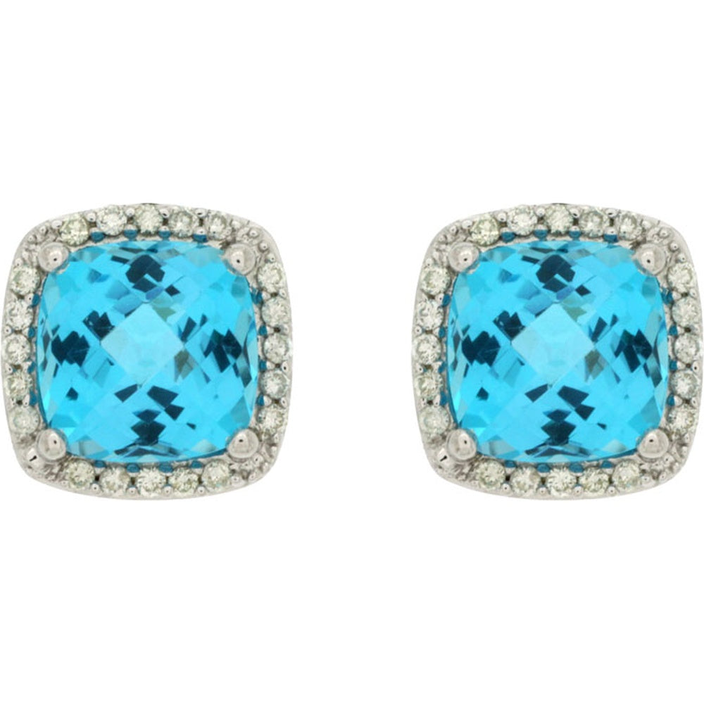14K White Gold Cushion-Cut Blue Topaz and Diamond Halo Stud Earrings - 4.30 Carat Total Blue Topaz Weight and 0.16 Carat Total Diamond Weight - Royal Jewelry