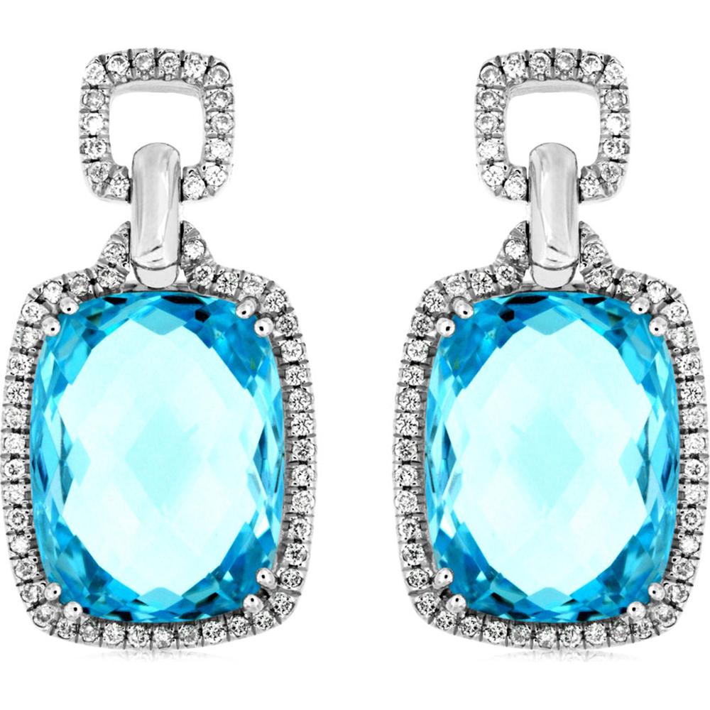 14K White Gold Cushion Cut Blue Topaz Earrings with Diamond Halo - 16.00 Carat Total Blue Topaz Weight, 0.34 Carat Total Diamond Weight - Royal Jewelry