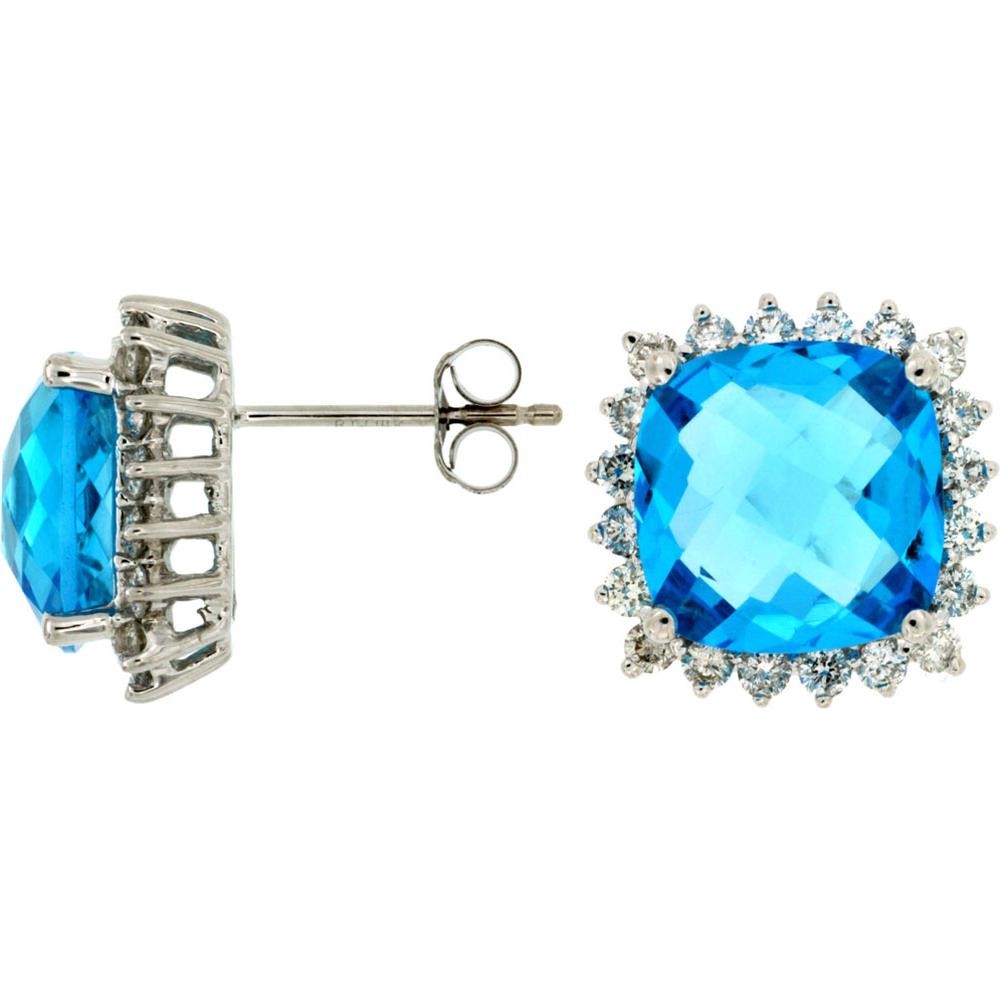 14K White Gold Cushion Cut Blue Topaz Earrings with Diamond Halo - 9.75 Carat Total Blue Topaz Weight & 0.90 Carat Total Diamond Weight - Royal Jewelry