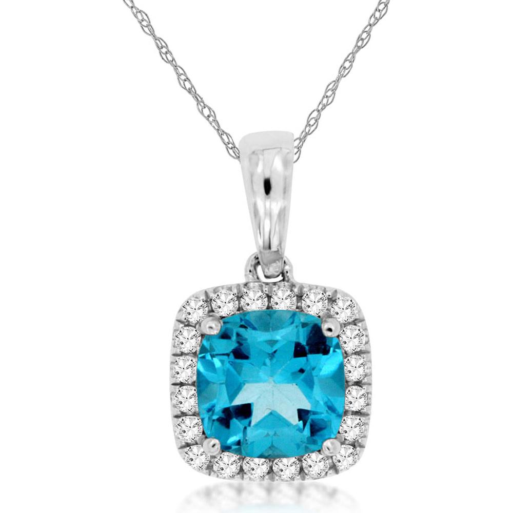 14K White Gold Cushion Cut Blue Topaz Pendant with Diamond Halo - 1.15 Carat Total Blue Topaz Weight, 0.11 Carat Total Diamond Weight - Royal Jewelry