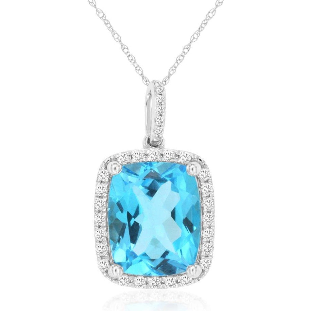 14K White Gold Cushion Cut Blue Topaz Pendant with Diamond Halo - 4.80 Carat Blue Topaz and 0.22 Carat Total Diamond Weight - Royal Jewelry