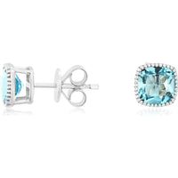 14K White Gold Cushion Cut Blue Topaz Stud Earrings with Milgrain Detail - 2.20 Carat Total Gem Weight - Royal Jewelry